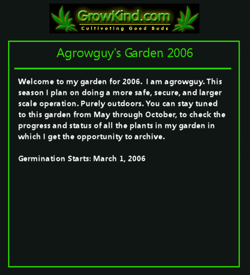 Welcome to my garden for 2006's outdoor growing season. It's been a while! But here we go! I am mostly known for my indoor skills. However, this year, I plan on doing a larger outdoor operation to supply my love and passion for cannabis sativa.
