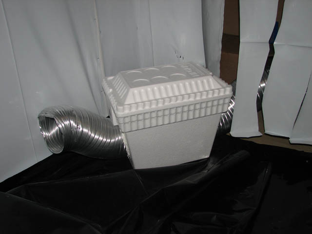 temps were a bit high so i made this a/c unit using a styrofoam cooler and some aluminum ducting going through it on the air intake.  bags of ice inside cool the air as it passes through...update: this didnt work ha ha