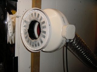 630 cfm Hurricane in line fans. Exhaust (shown) has a home made flang,a 5 gallon bucket top, which connects to a home made charcoal scrubber bucket.